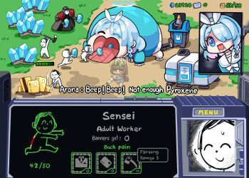 2girls 4boys :< animal_ears arona_(blue_archive) black_hair blue_archive blue_eyes blue_hair blue_halo blush braid choker colored_inner_hair credit_card doodle_sensei_(blue_archive) english_text fake_animal_ears hair_over_one_eye hairband halo hm_(hmongt) hoe leaf leaf_on_head long_hair medium_hair missile miyu_(blue_archive) multicolored_hair multiple_boys multiple_girls necktie parody phrenapates_(blue_archive) pink_hair pyroxene_(blue_archive) red_eyes sailor_collar school_uniform sensei_(blue_archive) starcraft sweatdrop tongue tongue_out transparent user_interface white_halo