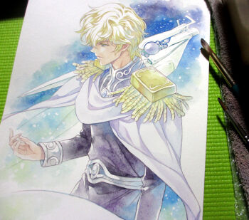 1boy agahari art_brush art_tools_in_frame black_shirt blonde_hair blue_eyes bruenhild_(gin&#039;eiden) cape closed_mouth commentary_request epaulettes ginga_eiyuu_densetsu male_focus paintbrush painting_(medium) photo_(medium) reinhard_von_lohengramm shirt short_hair solo spacecraft standing teeth traditional_media upper_teeth_only white_cape