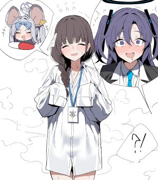 !? 3girls :d ^_^ absurdres aged_down animal_ears black_halo blue_archive blue_bow blue_eyes blunt_bangs bow brown_hair closed_eyes commentary_request female_sensei_(blue_archive) female_sensei_(blue_archive)_(xipa) grey_hair hair_between_eyes hair_bow halo heart heart-shaped_pupils highres lanyard mouse_ears mouse_girl multiple_girls open_mouth purple_halo saya_(blue_archive) sensei_(blue_archive) shirt simple_background sleeves_past_fingers sleeves_past_wrists smile sweat symbol-shaped_pupils two_side_up white_background white_shirt xipa yuuka_(blue_archive)