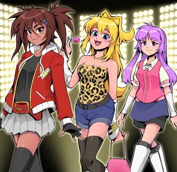 3girls animal_print blush breasts brown_hair caramella_girls cleavage colored_eyelashes dark-skinned_female dark_skin fangs gyaru highres leopard_print long_hair looking_at_viewer medium_breasts medium_hair mindy_(caramella_girls) multiple_girls nadine_(caramella_girls) open_mouth ponytail purple_hair skirt small_breasts smile tan thighhighs vera_(caramella_girls) verafan4ever walking zettai_ryouiki