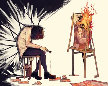 2girls black_pants black_shoes canvas_(object) commentary crumpled_paper english_commentary fire hell_screen holding holding_stuffed_toy limbus_company multiple_girls paint paintbrush painting_(object) pants paper project_moon rugwurm ryoshu_(project_moon) shirt shoes stuffed_animal stuffed_monkey stuffed_toy white_shirt