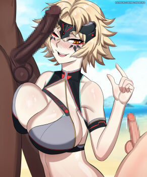 1girl 2boys bdone beach bikini blonde_hair blush breasts censored clothed_female_nude_male dark-skinned_male dark_skin dinomorphia_kentregina humiliation interracial large_breasts large_penis laughing mosaic_censoring multiple_boys nude ocean orange_hair outdoors penis penis_size_difference short_hair small_penis small_penis_humiliation smile solo_focus swimsuit tiny_gesture yu-gi-oh!