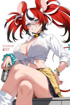 1girl alternate_breast_size_(larger) alternate_costume animal_ears black_collar black_hair black_skirt blue_eyes bow breasts bright_pupils can cardigan cardigan_around_waist choker cleavage clothes_around_waist collar collared_shirt colored_tips commentary crossed_bangs crossed_legs dice_hair_ornament double-parted_bangs english_commentary extra_ears grin hair_between_eyes hair_ornament hakos_baelz hand_on_own_hip highres holding holding_can hololive hololive_english large_breasts leg_warmers long_hair long_sleeves looking_at_viewer miniskirt mouse_ears mouse_girl mouse_tail multicolored_hair oioi_ainomo paid_reward_available partially_unbuttoned pleated_skirt red_hair school_uniform scrunchie sharp_teeth shirt simple_background sitting skirt smile solo spiked_collar spikes streaked_hair tail tail_bow tail_ornament teeth thighs three-quarter_sleeves tied_shirt twintails uneven_twintails virtual_youtuber white_background white_hair white_leg_warmers white_pupils white_shirt wrist_scrunchie