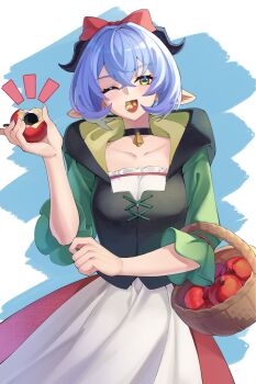 1girl apple apron basket bell black_bodice blue_background blue_hair blush bodice collarbone eating ethereal_(zenless_zone_zero) food fruit goat_girl goat_horns green_pupils hair_between_eyes highres holding holding_basket holding_food holding_fruit hood horizontal_pupils horns long_skirt looking_at_viewer lucia_elowen mikiseriavoid neck_bell one_eye_closed pointy_ears red_skirt shrug_(clothing) skirt solo white_apron white_background yellow_eyes zenless_zone_zero
