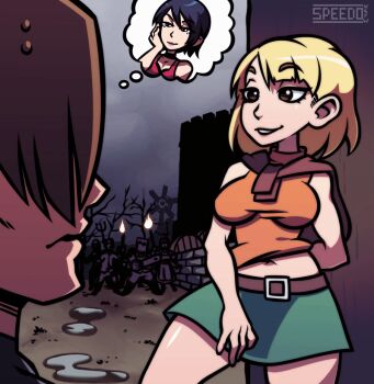 1boy 2girls ada_wong animated animated_gif arm_behind_back artist_name ashley_graham belt belt_buckle black_eyes black_hair blonde_hair breasts buckle fire green_eyes large_breasts leon_s._kennedy midriff multiple_girls navel night outdoors resident_evil resident_evil_4 shaking short_hair skirt speech_bubble speedoru stone_wall sweat sweater sweater_around_neck thighs thought_bubble windmill