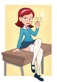 1girl absurdres angry arm_support black_eyes black_shoes blue_jacket blue_skirt blush breasts cigarette cigarette_pack classroom crossed_legs desk hairband harriet_the_spy highres holding holding_cigarette jacket loli long_sleeves looking_at_viewer marion_hawthorne mary_janes necktie on_desk open_mouth raised_eyebrow red_hair red_necktie rukisan(pixiv) school_uniform shirt shoes short_hair sitting skirt small_breasts smoke smoking teeth thick_thighs thighhighs thighs white_shirt white_thighhighs wide_hips yellow_background