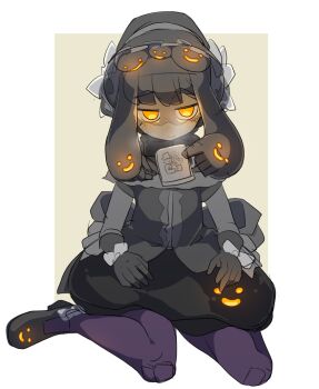 Rule 34 | 1girl, akaino (akaomi), black hair, black skirt, bonnet, capelet, colored skin, cup, female focus, gloves, glowing, glowing eyes, grey skin, monster girl, mug, orange eyes, original, prehensile hair, purple legwear, sitting, skirt, solo, wariza