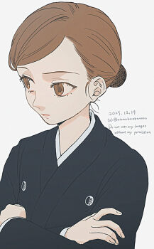 Rule 34 | 1girl, asymmetrical bangs, black kimono, brown eyes, brown hair, commentary request, crossed arms, dated, funeral kimono, grey background, hair bun, highres, japanese clothes, kimono, looking to the side, misaka mikoto, official alternate costume, official alternate hairstyle, okaokaokaoooo, short hair, solo, toaru majutsu no index, toaru majutsu no index: genesis testament, twitter username, upper body