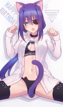 1girl animal_ear_fluff animal_ears black_bra black_panties black_thighhighs blue_eyes blush bra breasts cat_cutout cat_ears cat_girl cat_lingerie cat_tail cleavage clothes_writing clothing_cutout collared_shirt commentary_request dress_shirt eyepatch grey_background groin hair_between_eyes hair_intakes hands_up happy_birthday highres long_hair long_sleeves medical_eyepatch medium_breasts murasame_shia navel open_clothes open_mouth open_shirt original panties paw_pose purple_hair shirt sleeves_past_wrists solo spread_legs tail thighhighs underwear very_long_hair watermark white_shirt
