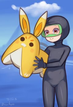 1girl 2025 20s black_bodysuit blush bodysuit brown_eyes cloud diving_mask diving_suit drantyno flat_chest genshin_impact goggles holding inflatable_rabbit inflatable_toy light_rays loli ocean sky smile standing sunbeam sunlight water wetsuit yaoyao_(genshin_impact) yuegui_(genshin_impact)