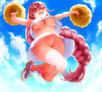 1girl aq_interactive arcana_heart arcana_heart_3 atlus braid breasts cheerleader cloud day examu female_focus flying_sweatdrops from_below glasses groin highres ishito_yuura large_breasts long_hair navel no_bra no_panties p-po pink_hair plump pom_pom_(cheerleading) ponytail pussy red_eyes shoes single_braid sky solo uncensored underboob upshirt upskirt very_long_hair yasuzumi_yoriko