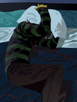 1other arms_up bed_sheet brown_hair brown_pants deltarune goguma_wagamja green_shirt highres holding holding_pillow kris_(deltarune) long_sleeves lying on_bed other_focus pants pillow red_string red_string_of_fate shirt short_hair solo string striped_clothes striped_shirt utdr_(toby_fox)