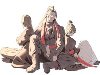 1boy 2girls black_hair black_hanfu black_jacket black_robe boots breasts character_request check_character chinese_clothes closed_eyes crossed_ankles crossed_arms curtained_hair full_body hair_bun hair_ornament hair_over_one_eye hanfu head_tilt heiya_desu high_ponytail highres jacket jacket_on_shoulders jia_qiu_(project_moon) jia_xichun_(project_moon) knee_up limbus_company multicolored_hair multiple_girls on_ground ponytail popped_collar project_moon red_scarf robe rope_belt scarf sidelighting sitting sleeping stole streaked_hair zilu_(project_moon)