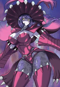 1girl appmon breasts cape cleavage digimon digimon_(creature) digimon_universe:_appli_monsters hat highres large_breasts leotard mas_square pantyhose purple_eyes purple_hair short_hair smile symbol-shaped_pupils thighhighs tight_clothes warudamon witch_hat yellow_eyes
