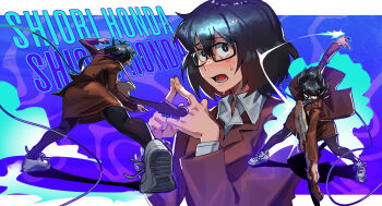 1girl :o absurdres barley_juice black_hair black_pantyhose brown_skirt commentary electric_guitar english_commentary glasses guitar highres honda_shiori index_fingers_together instrument long_sleeves medium_hair multiple_views pantyhose shiori_experience_~jimi_na_watashi_to_hen_na_ojisan~ shoes skirt sneakers sweatdrop