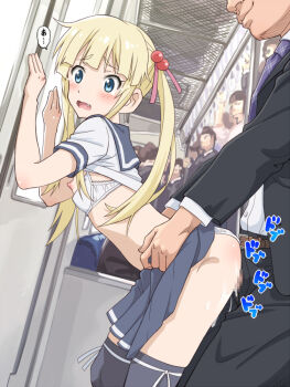 1boy 1girl anitore!_ex belt blonde_hair blue_eyes blue_skirt blue_thighhighs blush bra bra_pull breasts censored chikan clothed_sex clothes_pull clothing_aside cum cum_in_pussy cumdrip eyebrows fang hair_bobbles hair_ornament hair_ribbon hetero higuchi_eri loli long_hair meow_(nekodenki) molestation mosaic_censoring nipples open_fly open_mouth panties panties_aside penis pink_ribbon public_indecency ribbon school_uniform serafuku sex short_sleeves skirt small_breasts solo_focus standing tears thighhighs train train_interior underwear white_bra white_panties