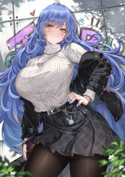 Rule 34 | 1girl, absurdres, alternate costume, belt, black belt, black jacket, black pantyhose, black skirt, blue hair, blue nails, blush, breasts, cenangam, closed mouth, commentary, commission, cowboy shot, girls' frontline, hand on own hip, highres, jacket, jewelry, large breasts, long hair, long sleeves, looking at viewer, miniskirt, nail polish, necklace, pantyhose, pleated skirt, skirt, solo, sweater, sweater tucked in, tar-21 (girls' frontline), turtleneck, turtleneck sweater, white sweater, yellow eyes