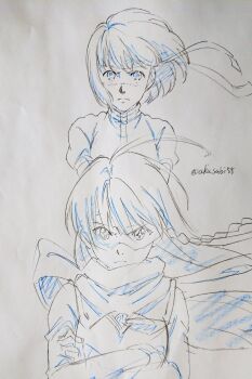 Rule 34 | 2girls, ahoge, braid, closed mouth, cross-shaped pupils, crossed arms, greyscale, headband, highres, long hair, looking at viewer, matsukawa tetsuya, monochrome, multiple girls, nono (top wo nerae 2!), scarf, short hair, simple background, symbol-shaped pupils, takaya noriko, top wo nerae!, top wo nerae! (series), top wo nerae 2!, twitter username, white background