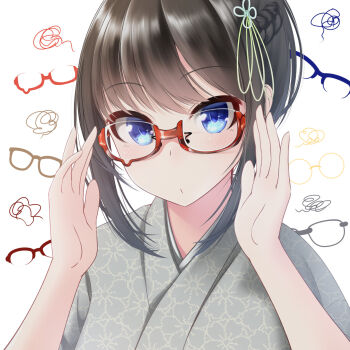 Rule 34 | 1girl, adjusting eyewear, blue eyes, blush, braid, brown hair, closed mouth, commentary request, female focus, glasses, grey kimono, hair between eyes, hair ornament, hands up, highres, japanese clothes, kimono, looking at viewer, nekobaka, original, red-framed eyewear, semi-rimless eyewear, sidelocks, simple background, solo, under-rim eyewear, upper body, white background
