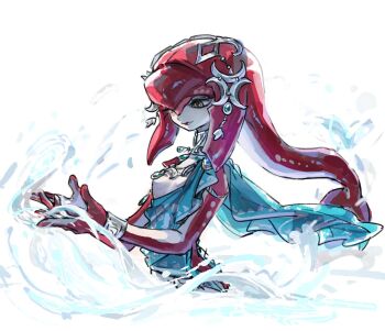 Rule 34 | 1girl, aqua sash, breasts, closed mouth, colored skin, fins, fish girl, gucandiyi52092, head fins, light smile, medium breasts, mipha, monster girl, multicolored skin, nintendo, own hands together, partially submerged, red skin, sash, silver jewelry, solo, the legend of zelda, the legend of zelda: breath of the wild, two-tone skin, upper body, white background, white skin, yellow eyes, zora