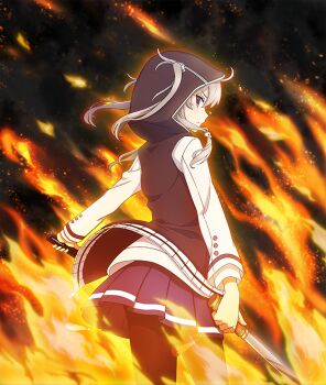 1girl black_background black_hood black_pantyhose blue_skirt brown_hair closed_mouth cowboy_shot dual_wielding fire from_behind game_cg hair_ornament hair_through_hood holding holding_sword holding_weapon hood long_sleeves looking_back medium_hair official_art pantyhose purple_eyes renpu_girls_school_uniform school_uniform shichinosato_kofuki short_sword skirt skull_hair_ornament smoke solo sword third-party_source toji_no_miko toji_no_miko:_kizamishi_issen_no_tomoshibi twintails weapon white_sleeves