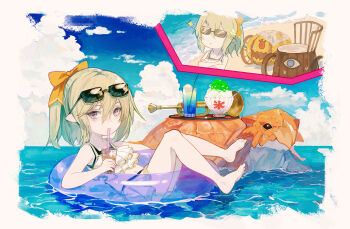 1girl afloat beach border bow bubble_tea cloud drinking drinking_straw eyewear_on_head fading_border food frilled_swimsuit frills granblue_fantasy green_hair hair_bow harvin innertube instrument looking_at_viewer midget mimlememel multiple_views navel official_art petite ponytail pumpkin purple_eyes shaved_ice short_hair sitting sparkle sunglasses sweatdrop swim_ring swimsuit tree_stump trumpet turtle