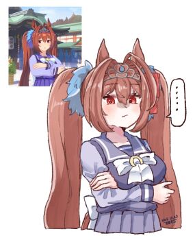 ... 1girl animal_ears blush bow bowtie breasts brown_hair closed_mouth collarbone crossed_arms daiwa_scarlet_(umamusume) fang game_screenshot_inset hair_between_eyes hair_intakes horse_ears horse_girl horse_tail large_breasts long_hair long_sleeves looking_at_viewer purple_sailor_collar purple_serafuku purple_shirt purple_skirt red_eyes sailor_collar sailor_shirt school_uniform serafuku shirt skin_fang skirt speech_bubble tail tiara tracen_school_uniform twintails umamusume very_long_hair white_bow white_bowtie yunoki_(i_o_u)