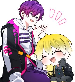 2boys asymmetrical_gloves bad_anatomy bad_hands belt black_jacket blonde_hair chibi closed_eyes commentary_request fingerless_gloves gloves grey_gloves grey_pants heterochromia highres hood hoodie jacket male_focus mismatched_gloves multiple_belts multiple_boys nana72710193 nijisanji nijisanji_en open_mouth pants pink_eyes pink_hair purple_eyes purple_hair purple_pants simple_background single_off_shoulder smile sonny_brisko sonny_brisko_(1st_costume) squatting teeth uki_violeta uki_violeta_(1st_costume) upper_teeth_only virtual_youtuber waving white_background white_hoodie yellow_gloves