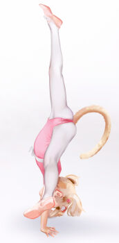 1girl absurdres animal_ear_fluff animal_ears ass athletic_leotard ballerina ballet ballet_slippers blonde_hair borrowed_character cameltoe cartwheel cat_ears cat_girl cat_tail female_focus flexible full_body handstand highres legs legs_apart leotard loli long_hair original pantyhose parfait_(gachigachi) pink_leotard ponytail short_sleeves simple_background solo split sweetonedollar tail thighs upside-down white_background white_pantyhose