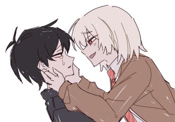 2boys akinashi_haru black_hair black_jacket brown_jacket collared_shirt crying dress_shirt eye_contact from_side ggppa grin hands_on_another's_cheeks hands_on_another's_face hashtag-only_commentary highres jacket leaning_back leaning_forward looking_at_another male_focus multiple_boys necktie red_eyes red_necktie saihate_eki shirt simple_background smile tatsunami_shion tears upper_body white_background white_hair white_shirt