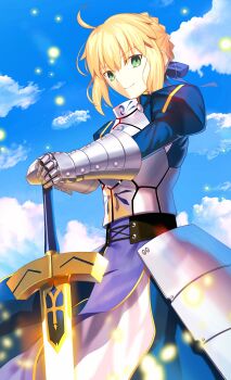 1girl absurdres ahoge armor armored_dress artoria_pendragon_(fate) blonde_hair blue_bow blue_dress blue_sky bow braid breastplate bun_with_braided_base cloud dress excalibur_(fate/stay_night) fate/stay_night fate_(series) gauntlets green_eyes hair_bow hair_bun highres holding holding_sword holding_weapon mishiro_(ixtlolton) outdoors planted planted_sword planted_weapon saber_(fate) sidelocks sky smile solo sword weapon