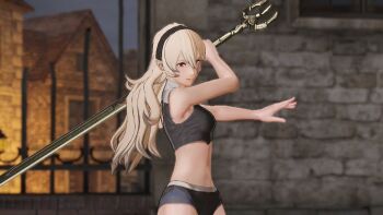 1girl 3d architecture arm_up armor armpits bare_shoulders barefoot black_hairband bra breasts broken_armor building cleavage closed_mouth collarbone female_corrin_(fire_emblem) determined dynamic_pose eyelashes feet female_focus fighting_pose fighting_stance fingernails fire_emblem fire_emblem_fates fire_emblem_warriors gameplay_mechanics gate hair_between_eyes hair_ornament hairband holding holding_sword holding_weapon house intelligent_systems legs long_hair looking_away medium_breasts midriff multicolored_bra multicolored_panties multicolored_underwear nails navel neck night night_sky nintendo official_alternate_costume official_underwear outdoors outstretched_arms over_shoulder pale_skin panties pointy_ears red_eyes ruins silver_hair sky spread_arms standing stone_wall sword sword_over_shoulder thighs toenails toes underwear underwear_only wall weapon weapon_over_shoulder yato_(fire_emblem)