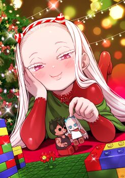 1girl arianna_seya(born-to-die) blush born-to-die bow christmas christmas_lights christmas_ornaments christmas_tree dress fake_horns flower green_dress head_rest holding holding_toy horns lego lego_minifig long_hair long_sleeves looking_at_viewer lying off-shoulder_dress off_shoulder on_floor original pantyhose pink_eyes red_bow red_flower red_pantyhose red_shirt shirt smile sparkle star_(symbol) the_lego_group toy tree white_hair