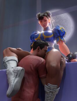 1boy 1girl 3d bed bedroom black_hair boots bracelet breasts brown_eyes capcom china_dress chinese_clothes chun-li dress earrings hair_bun hetero highres jewelry kiss kissing_thigh large_breasts leggings legs open_mouth pantyhose sash sitting skirt spiked_bracelet spikes street_fighter street_fighter_v thick_thighs thigh_grab thighs white_footwear