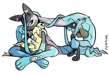 2others animal_ears black_fur blue_eyes blue_fur body_fur closed_mouth commentary evolutionary_line flyingrotten furry gen_4_pokemon highres long_hair lucario mega_lucario_z mega_pokemon multiple_others nintendo open_mouth pokemon pokemon_(creature) pokemon_focus red_eyes riolu sitting smile standing tail white_background yellow_fur