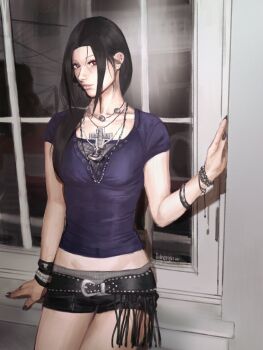 Rule 34 | 1girl, artist name, bead bracelet, beads, belt, black belt, black eyes, black hair, black nails, black shorts, bleeehrghw, bracelet, breasts, camera flash, closed mouth, collarbone, commentary, cowboy shot, cross, cross necklace, ear piercing, eyelashes, fingernails, fishnet top, fishnets, fringe belt, genderswap, genderswap (mtf), hand on wall, highres, indoors, jewelry, lipgloss, long fingernails, long hair, looking at viewer, low side ponytail, lowleg, lowleg shorts, makeup, mascara, medium breasts, midriff, multiple bracelets, multiple necklaces, naruto (series), necklace, night, parted bangs, piercing, purple shirt, red-eye effect, ring, shirt, short shorts, short sleeves, shorts, silver necklace, silver piercing, sitting, studded bracelet, symbol-only commentary, tight clothes, tight shirt, uchiha itachi, v-neck, vivienne westwood, window, y2k fashion