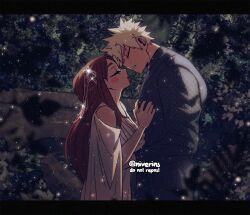 1boy 1girl bakugou_katsuki blonde_hair boku_no_hero_academia breasts brown_hair cleavage closed_eyes dimples forest formal_clothes hair_ornament height_difference hetero imminent_kiss large_breasts long_hair nature niverins spiked_hair suit uraraka_ochako