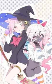 Rule 34 | 3girls, :p, absurdres, animal ear fluff, bandaged head, bandages, black choker, black dress, black hair, black hat, black panties, black skin, bow, bowtie, bright pupils, broom, broom riding, candy, choker, closed mouth, colored skin, colored tongue, commentary request, crescent, crescent hat ornament, crop top, cross-shaped pupils, dress, fang, food, frilled sleeves, frills, hair bow, halloween, halloween costume, hat, hat ornament, heart, heart-shaped pupils, highres, holding, holding candy, holding food, holding lollipop, lollipop, long hair, long sleeves, looking at viewer, midriff, multicolored hair, multicolored thighhighs, multiple girls, navel, no pants, open mouth, orange thighhighs, original, panties, pink bow, pink bowtie, pink eyes, pink hair, pointy ears, purple thighhighs, purple tongue, red pupils, shirt, short dress, short hair, side ponytail, skin fang, skindentation, sleeves past fingers, sleeves past wrists, split-color hair, striped clothes, striped thighhighs, swirl lollipop, symbol-shaped pupils, thigh strap, thighhighs, tongue, tongue out, two-sided fabric, two-sided headwear, two-tone hair, two-tone thighhighs, underwear, urotsuki (ku9625), white pupils, white shirt, white thighhighs, wide sleeves, witch hat