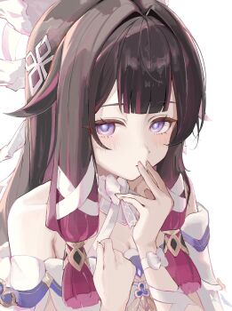 1girl bare_shoulders black_hair blush coa_(35_seno) columbina_(genshin_impact) commentary dress fingers_to_mouth genshin_impact hair_intakes hair_ribbon hands_up head_wings highres long_hair looking_at_viewer multicolored_hair pink_hair purple_eyes ribbon simple_background solo two-tone_hair unusually_open_eyes upper_body white_background white_dress white_ribbon wings