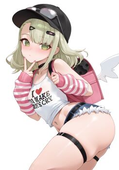 1girl 2026 absurdres alternate_costume arm_warmers ass backpack bag belt black_hat breasts choker closed_mouth clothes_writing denim denim_shorts eyewear_on_headwear female_focus glasses_on_head green_eyes green_hair hair_ornament hairclip hat highres kyojiri_loli legs loli looking_at_viewer medium_hair midriff mihoyo navel navel_piercing piercing randoseru shirt short_hair short_shorts shorts simple_background skindentation sleeveless sleeveless_shirt small_breasts solo standing stomach sunglasses sunna_(zenless_zone_zero) thick_thighs thigh_focus thigh_strap thighs uohhhhhhhhh!_(meme) v weimiaw white_background white_shirt wings zenless_zone_zero