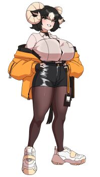 1girl amx1375 animal_ears belt black_gloves black_hair black_shorts bra_visible_through_clothes breasts button_gap dress_shirt full_body gloves grin hands_on_own_hips highres horizontal_pupils horns id_card jacket jacket_partially_removed large_breasts medium_hair multicolored_hair off_shoulder original pantyhose partially_fingerless_gloves sheep_horns shirt shoes shorts smile sneakers solo standing two-tone_hair vanessa_(amx1375) white_background white_hair yellow_eyes yellow_jacket
