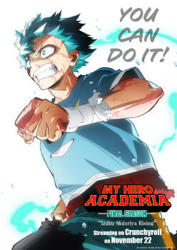 1boy bandaged_arm bandages belt blue_shirt boku_no_hero_academia burn_scar clenched_hands clenched_teeth english_text facial_scar green_eyes green_hair green_pants highres injury male_focus midoriya_izuku official_art pants red_belt running scan scar scar_across_eye scar_on_arm scar_on_cheek scar_on_face scar_on_hand shirt short_hair short_sleeves simple_background solo solo_focus sweat sweatdrop teeth translated white_background