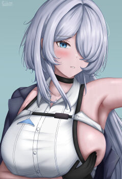 1girl absurdres armpits black_choker black_gloves black_jacket blue_eyes blush breasts brid_(nikke) brid_(silent_track)_(nikke) chest_harness choker collared_shirt commentary earrings english_commentary floating_earrings gloves goddess_of_victory:_nikke grey_background grey_hair hair_between_eyes hair_down hair_over_one_eye harness highres jacket jacket_on_shoulders jewelry large_breasts long_hair looking_at_viewer official_alternate_costume official_alternate_hairstyle outstretched_arm parted_lips rabbitttt shirt sideboob sideless_shirt sidelocks signature simple_background single_bare_shoulder sleeveless sleeveless_shirt solo standing upper_body veins veiny_breasts white_shirt