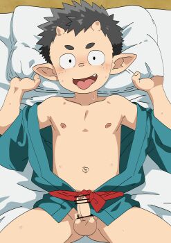 1boy absurdres bar_censor black_hair censored fang highres lying male_focus nipples on_back open_clothes open_mouth original penis pointy_ears short_hair shota solo sweat testicles tongue tongue_out waryusa