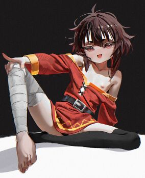 1girl :3 absurdres asymmetrical_legwear bandaged_leg bandages bare_shoulders barefoot belt black_background black_belt black_panties black_thighhighs blush breasts brown_hair commentary dress feet flat_chest foot_focus hand_on_own_knee highres kono_subarashii_sekai_ni_shukufuku_wo! loli long_sleeves looking_at_viewer megumin mismatched_legwear nipples no_bra no_headwear no_shoes on_ground panties red_dress red_eyes short_hair single_thighhigh sitting smile solo thick_eyebrows thighhighs toes underwear yoko-chan_(mijizukeyoko)