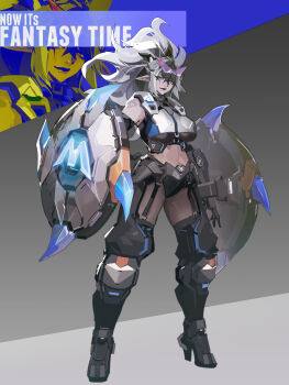 1girl absurdres black_gloves breasts elbow_gloves elf english_text full_body glasses gloves grey_background grey_hair highres large_breasts looking_at_viewer midriff original pointy_ears purple-tinted_eyewear simple_background smjim1986 solo tinted_eyewear triangular_eyewear