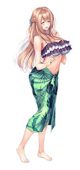 1girl amakano_2 bare_shoulders barefoot bikini blonde_hair blush braid breasts closed_eyes facing_viewer frilled_bikini frills full_body green_sarong hair_between_eyes hand_up huge_breasts large_variant_set leaf_print long_hair navel official_art open_mouth piromizu sarong simple_background smile solo standing stomach swimsuit tachi-e tsutamachi_chitose variant_set white_background