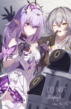 absurdres asymmetrical_gloves black_gloves bug butterfly castorice_(honkai:_star_rail) closed_mouth coat commentary_request dress elbow_gloves fang garter_straps gloves grey_hair hair_between_eyes highres honkai:_star_rail honkai_(series) imasaki_kei index_finger_raised insect long_hair long_sleeves looking_at_another one_eye_closed open_clothes open_coat open_mouth pointy_ears purple_butterfly purple_eyes purple_gloves purple_hair smile standing stelle_(honkai:_star_rail) thighhighs trailblazer_(honkai:_star_rail) trailblazer_(trash_cake)_(honkai:_star_rail) uneven_gloves white_dress white_thighhighs