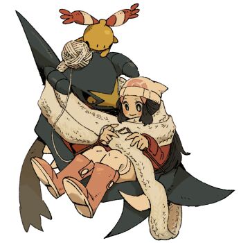 1girl black_hair blush boots bright_pupils carrying carrying_person chingling coat dawn_(pokemon) garchomp gen_4_pokemon hat highres knitting long_hair mashita._(mentaiko_omoti) nintendo pokemon pokemon_dppt pokemon_platinum scarf sitting smile solo white_background yarn yarn_ball