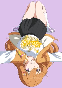 1girl absurdres black_skirt breasts closed_mouth commentary highres jacket knees_up konoe_kanata large_breasts letterman_jacket looking_at_viewer love_live! love_live!_fan_fun_festival love_live!_nijigasaki_high_school_idol_club lying miniskirt official_alternate_costume on_back open_clothes open_jacket orange_jacket outstretched_arms pleated_skirt purple_background purple_eyes purple_shoes shirt shoes skirt smile sneakers socks solo spread_arms uchuu_no_mozuku white_shirt white_socks